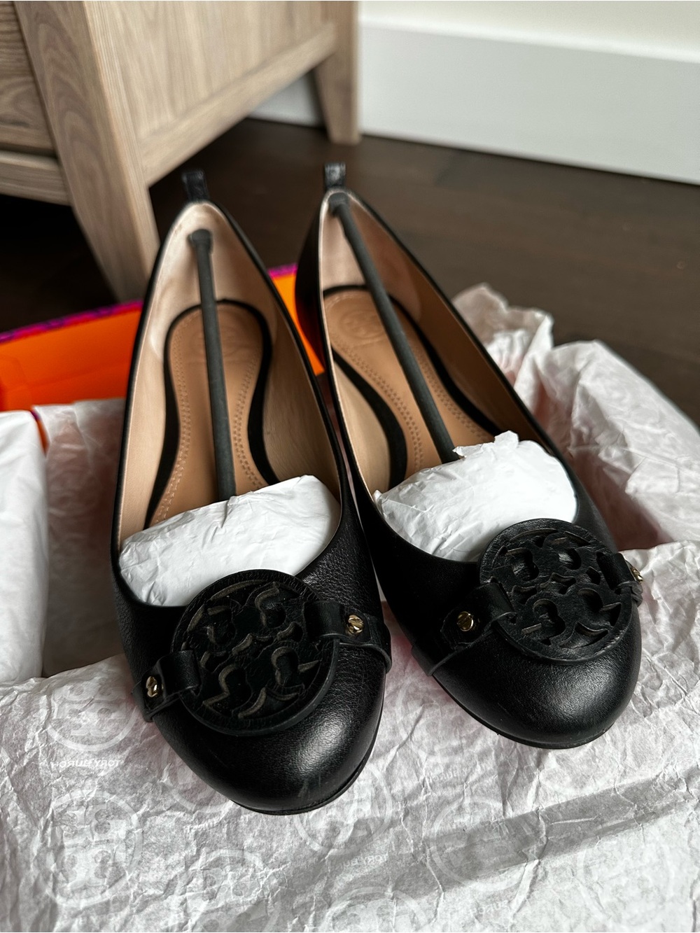 Tory Burch Mini Miller Flats Black Leather Size 7.5